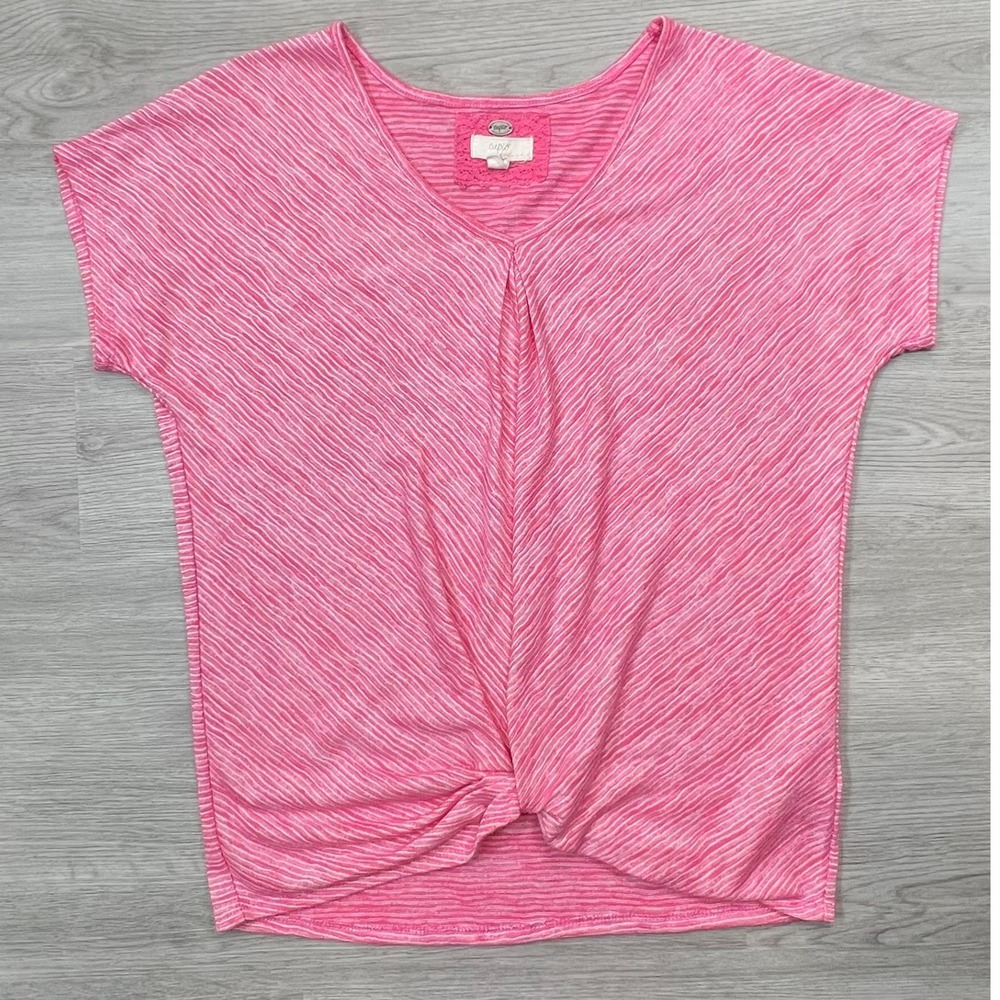 Cupio Womens Twist Front Top Size Medium Pink Striped Short Sleeve Casual Blouse - Picture 11 of 11